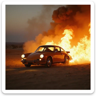 Cinematic shot, Porsche 911 in fire, desert sticker