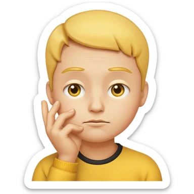 a detailed 3D render of a thoughtful face emoji, yellow round face with raised eyebrows, one hand touching chin, expressive eyes, digital art style, clean background sticker