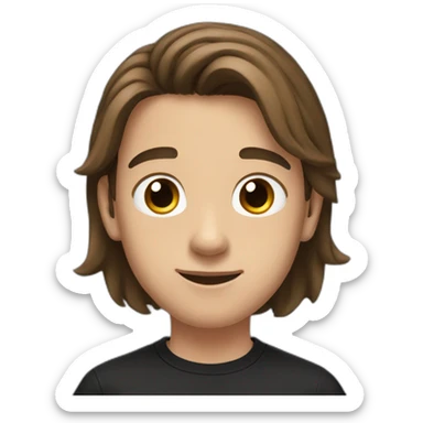 a teenager boy with big brown eyes and middle part, long, coiled brown hair, wearing a black t-shirt with white airpods sticker
