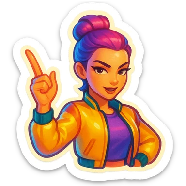 Turn the central character into a vibrant emoji, focusing on her confident pose and facial expression. Keep the style colorful and energetic, with a transparent background, in the retro stickers style. sticker