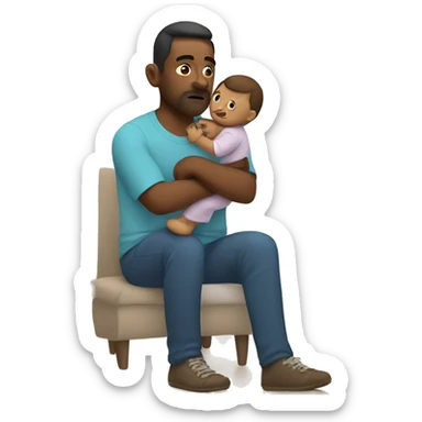 A tired dad holding a baby sticker