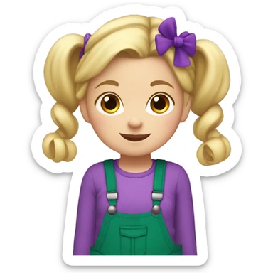 A little blonde girl with pigtails and little purple bows wearing a red long-sleeved shirt and purple overalls skirt with blue tights with green polka dots and purple sneakers. sticker