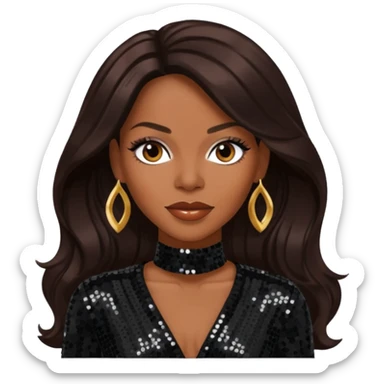 Dawn Robinson from En Vogue with long dark brown hair, black sequin outfit sticker