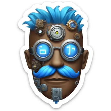 Brown cyborg head with blue Mohawk, blue beard, silver steampunk monocle goggles a smile and circuits sticker