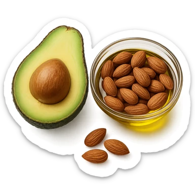 AVOCADO, BOWL DI MANDORLE E OLIO DI OLIVA, iperrealistico 4k, ISOLATA SU SFONDO BIANCO sticker
