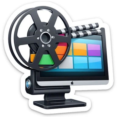 Create a vibrant and modern icon representing Animation and Motion Design, featuring elements like a film reel, a computer screen, dynamic motion lines, and a cinematographic film strip on an editing table. The design should be colorful, and dynamic, without any emojis. The background's transparent. sticker