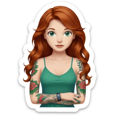 Long wavy Auburn hair woman BLUE eyes wearing green cami  dress and tattoo sleeve sticker