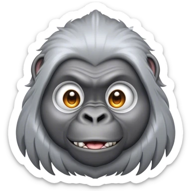 Cinematic Cute Silverback Gorilla Portrait Emoji, Head tilted playfully and inquisitively, with a robust build accented by a striking silver mane and round, sparkling eyes full of gentle charm, Simplified yet irresistibly adorable features, highly detailed, glowing with a warm, friendly jungle glow, high shine, affectionate and lively, stylized with a touch of endearing primate whimsy, soft glowing outline, capturing the essence of a mischievous yet loving silverback that feels like it could lumber out of the screen into your arms! sticker