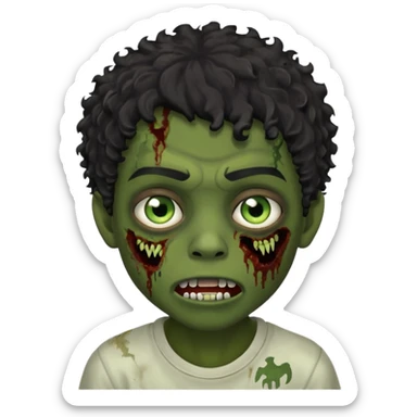 menino com cabelo cacheado preto e olhos marrons, com boca de zumbi sticker