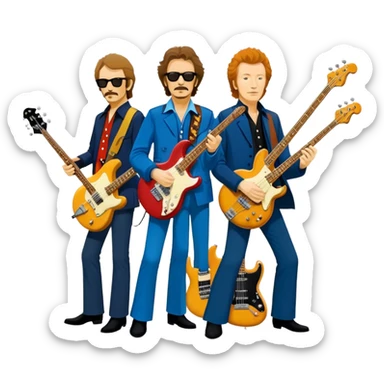 Icon for Blues Rock: collage of the band Cream, with silhouettes of the members (Eric Clapton, Jack Bruce, Ginger Baker) and symbolic items like guitars, drums, and bass. The design should convey the powerful, energetic vibe of the band's music. Transparent background. sticker