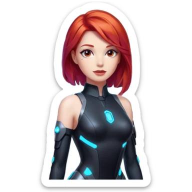 an AI agent, futuristic, digital, glowing, red hair, sexy dress sticker