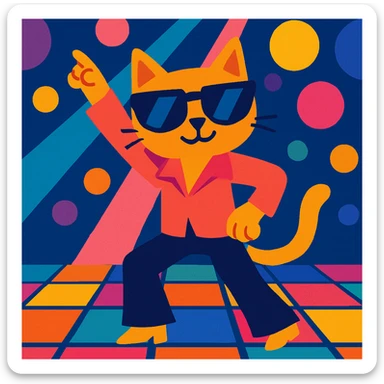 disco cat, wearing sunglasses, groovy pose, colorful lights sticker