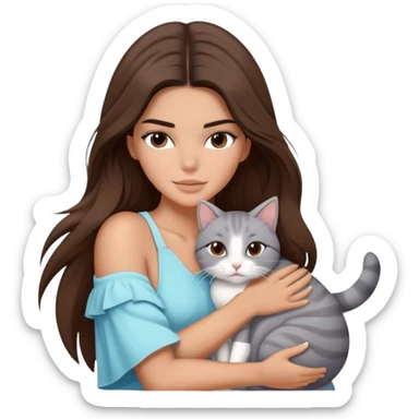 Kendall Jenner long hair with beach outfit hug one grey white cat sticker