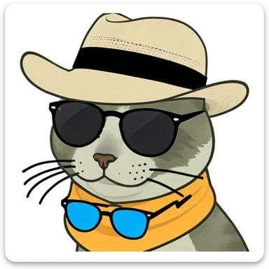 a cat in a summer panama hat with large brim, wearing sunglasses, lying on its stomach with its head resting on the ground sticker