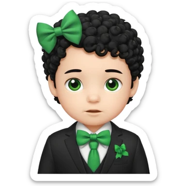 baby boy curly black hair in suit, with green bow sticker