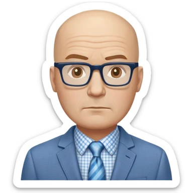Larger 50-year-old man with wide square face. Male pattern baldness with hair only on top/crown of head, completely bald sides. Large dark square glasses. Serious expression. Light gray blazer, white shirt with blue checkered pattern. sticker