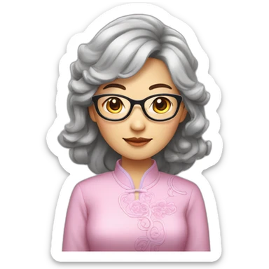 Chinese lady with like Lai gray hair wavy hair to the shoulder length where Chinese dress colourful dress wear glasses sticker