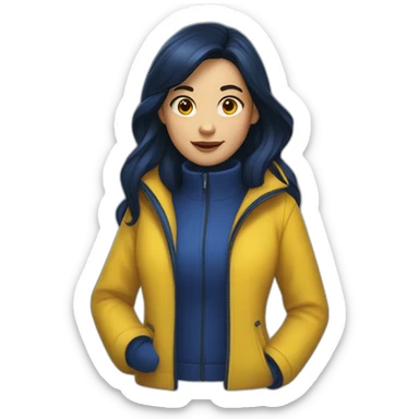 Girl with dark blue mid hair and a red jacket with yellow skin and determinated face sticker