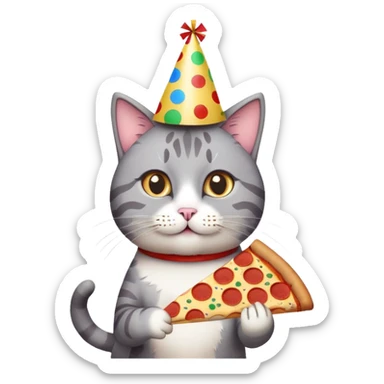 cat with a party hat, confetti around, holding a slice of pizza, college party vibe sticker