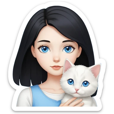 Chica con pelo negro hasta los hombros con gatito blanco con ojos celestes  sticker