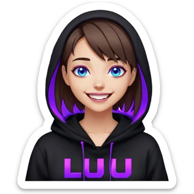 brown haired girl with a bob and blue eyes wearing black hoody with violet letters "Lu", laughs. Cyberpunk style. Violet neon. sticker