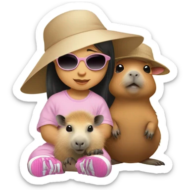 Asian baby girl with hat and sunglasses with capybara  sticker