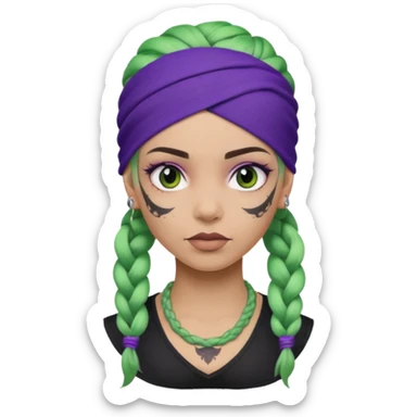 green braided hair with purple head bandana and lots of face tattoo girl sticker