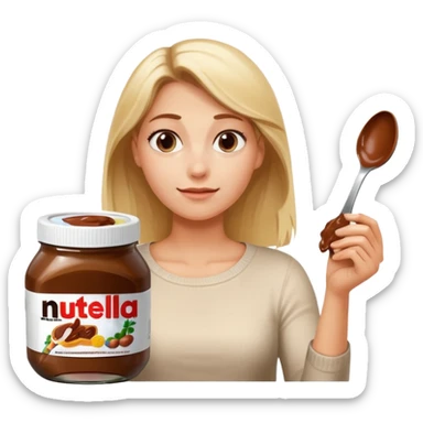 Nutella with a spoon. The glas of Nutella is almost empty . Only the one carriage of Nutella. Next to the Nutella is the head of a blond woman who is looking forward to eat the Nutella  sticker
