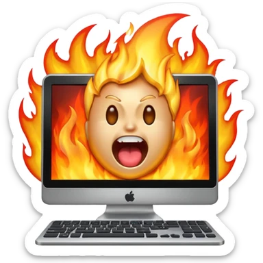 a computer screaming in excitement, fire behind it sticker