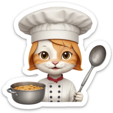 White girl cat with a chef hat holding a pan while smiling sticker