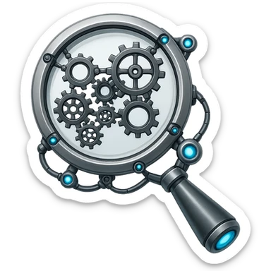 Make this magnifying glass look robotic with metallic textures, robotic joints, and glowing blue accents. Keep the emoji style and no background. sticker