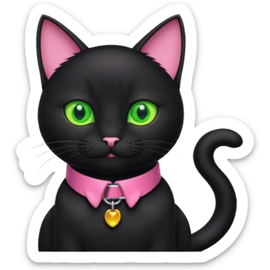 Bir siyah renkli kedi gözleri yeşil ve oturuyor boynunda pembe tasma vae sticker