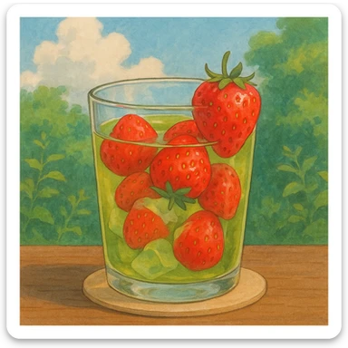 realistic glass of green tea with strawberries in ghibli style sticker