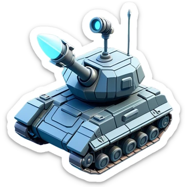 Clash of Clans aesthetic: Cinematic Playful 3D Isometric Space Tank Emoji, rendered in a 3D vector-style similar to standard emojis with minimal shading and bold, simplified shapes. A compact, distinct form with signature details, softly glowing with a futuristic sci-fi warfare charm. Simplified yet unmistakably iconic, highly detailed and consistent, glowing with a soft radiance and high shine. Stylized with a touch of high-tech brilliance and a soft glowing outline, capturing the essence of a beloved gaming relic with a friendly, playful manner! sticker
