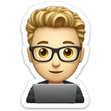 Cute programmer on his laptop, white skin, looking front, with a quiff sticker