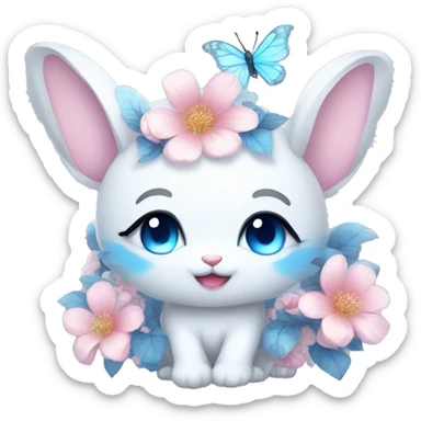 Edgy Cute Cool Kawaii gorgeous sparkly ethereal white fantasy animal with blue eyes sona with flowers and butterflies sticker