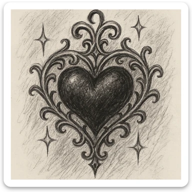 gothic heart with sparkles, ornate, dark, elegant, pencil sketch style sticker