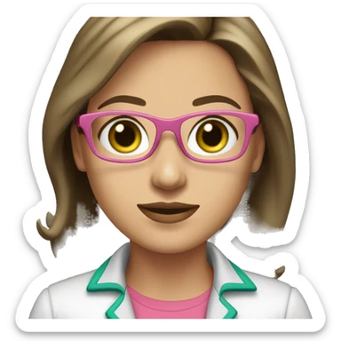 Female coding teacher featuring a laptop. She has long brunette hair, green eyes, white skin, teal eye glasses, rose lips, and a pink feminine shirt sticker