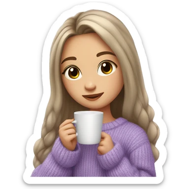 Cute girl with long hair, long lashes in lavander cozy sweather with coffe in hands sticker