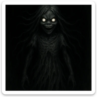 Make the girl ghost even scarier by intensifying the glowing eyes, adding a twisted mouth, and making the dress more ragged. Keep the dark background and style consistent. sticker