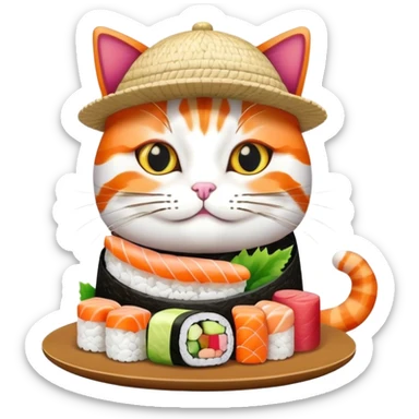 cat wearing a hat made out of sushi sticker