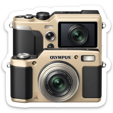 Olympus Superzoom 70G camera, grayish-beige color, accurate representation with correct proportions and silhouette, compact rectangular body with rounded edges, small viewfinder, built-in flash unit on top, lens with zoom functionality, exactly matching the real Olympus Superzoom 70G design sticker