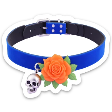 gothic choker with royal blue velvet band, silver skull charm, blue rose centerpiece, dramatic and gothic sticker