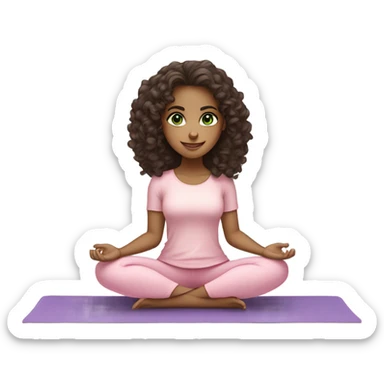 Dark brown long curly hair and green eyes yoga beautiful girl in light pink pink pink clothes sitting on a yoga mat sticker