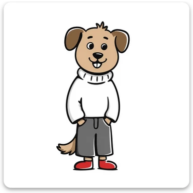 Brown dog standing upright with hands in jean pockets, wearing a white sweater and red shoes sticker