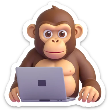 ape facing a computer, looking like a software programmer, 3D emoji style sticker