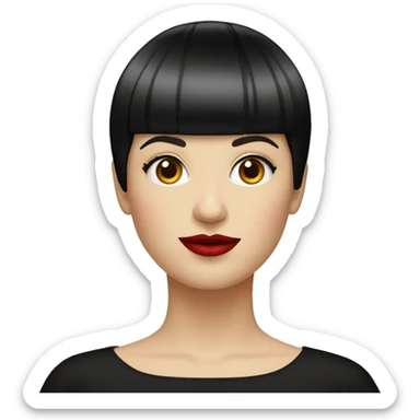 And adult white woman with a black bowl cut haircut and red lips sticker