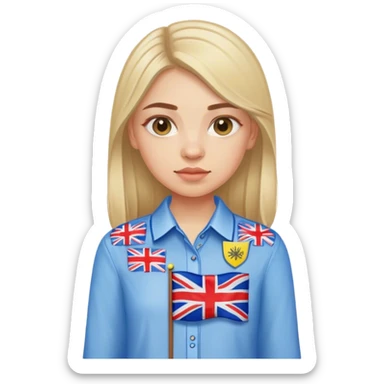 A Ukrainian girl in an embroidered shirt holds a British flag sticker