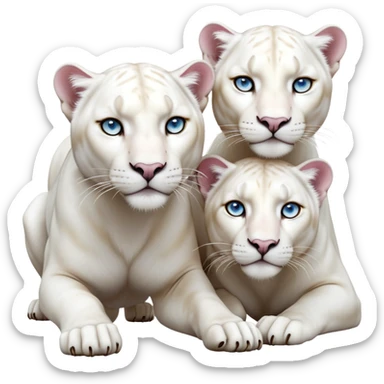 A hyper-realistic 3D render of two white panthers in a dynamic pose.
The female panther has hazel eyes, pure white fur, a soft pink nose, and intricate golden tattoos across her face and body. sticker