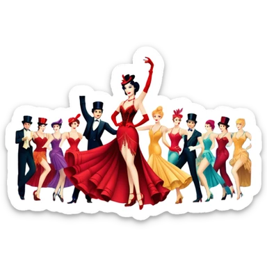 A vintage movie poster-style design inspired by Moulin Rouge. Include glamorous cabaret dancers in extravagant costumes, a colorful stage, sparkling lights, and a sense of drama. The atmosphere should be vibrant, with musical notes in the air. Retro cinematic style. Transparent background. sticker